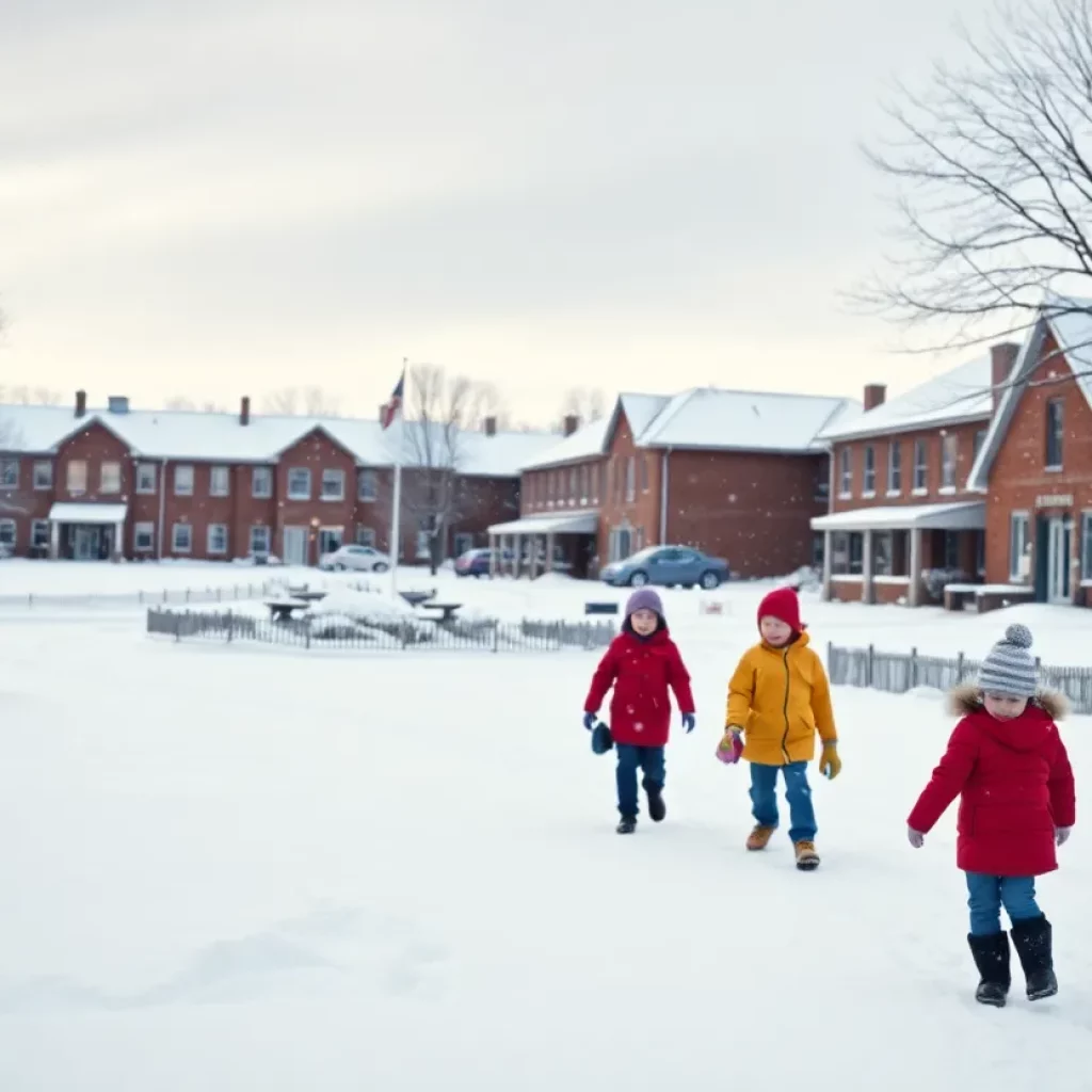 Children enjoying a snow day with sleds and snowmen in Knoxville.