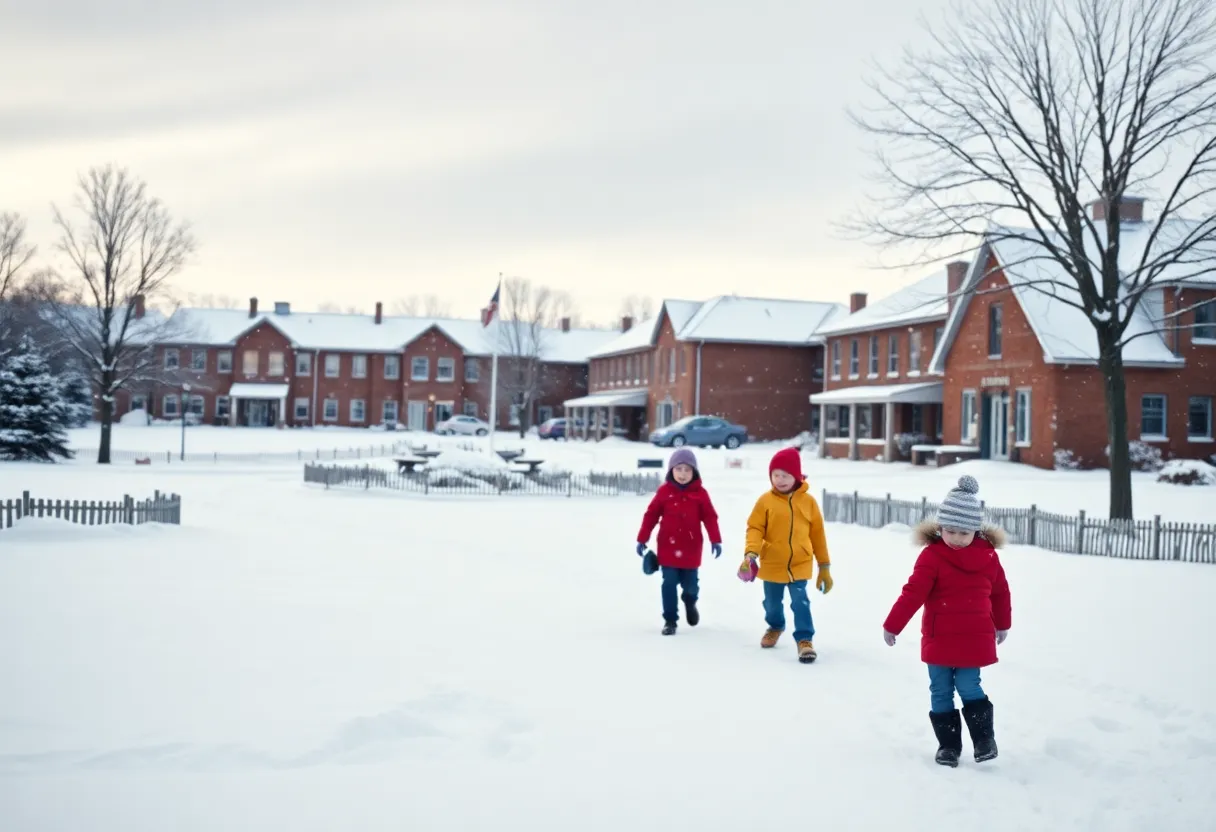 Children enjoying a snow day with sleds and snowmen in Knoxville.
