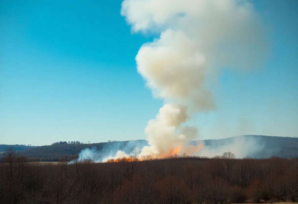 Firefighters combating brush fires in Knoxville with flames and smoke in the background.