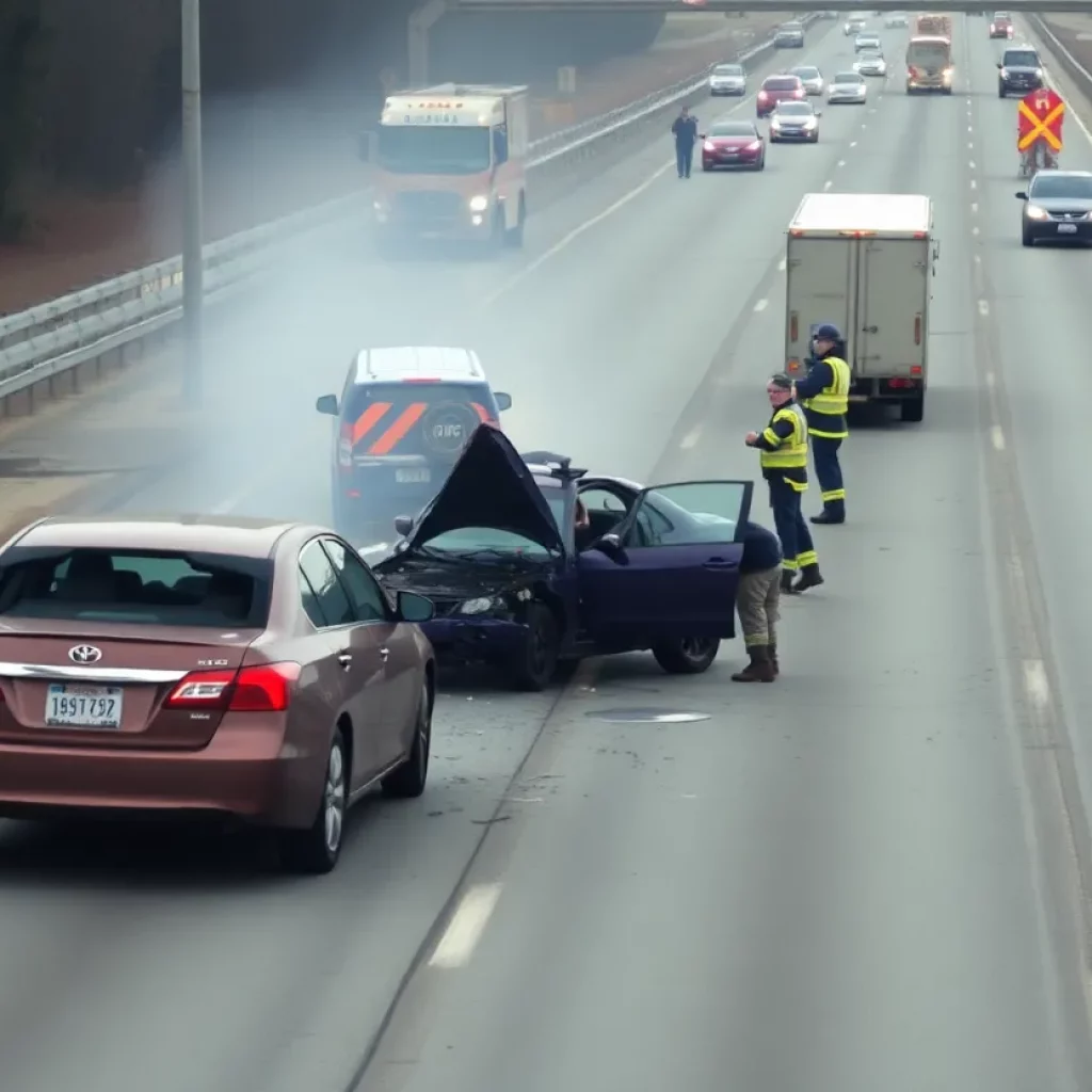 Scene of a car crash on a highway with emergency services present