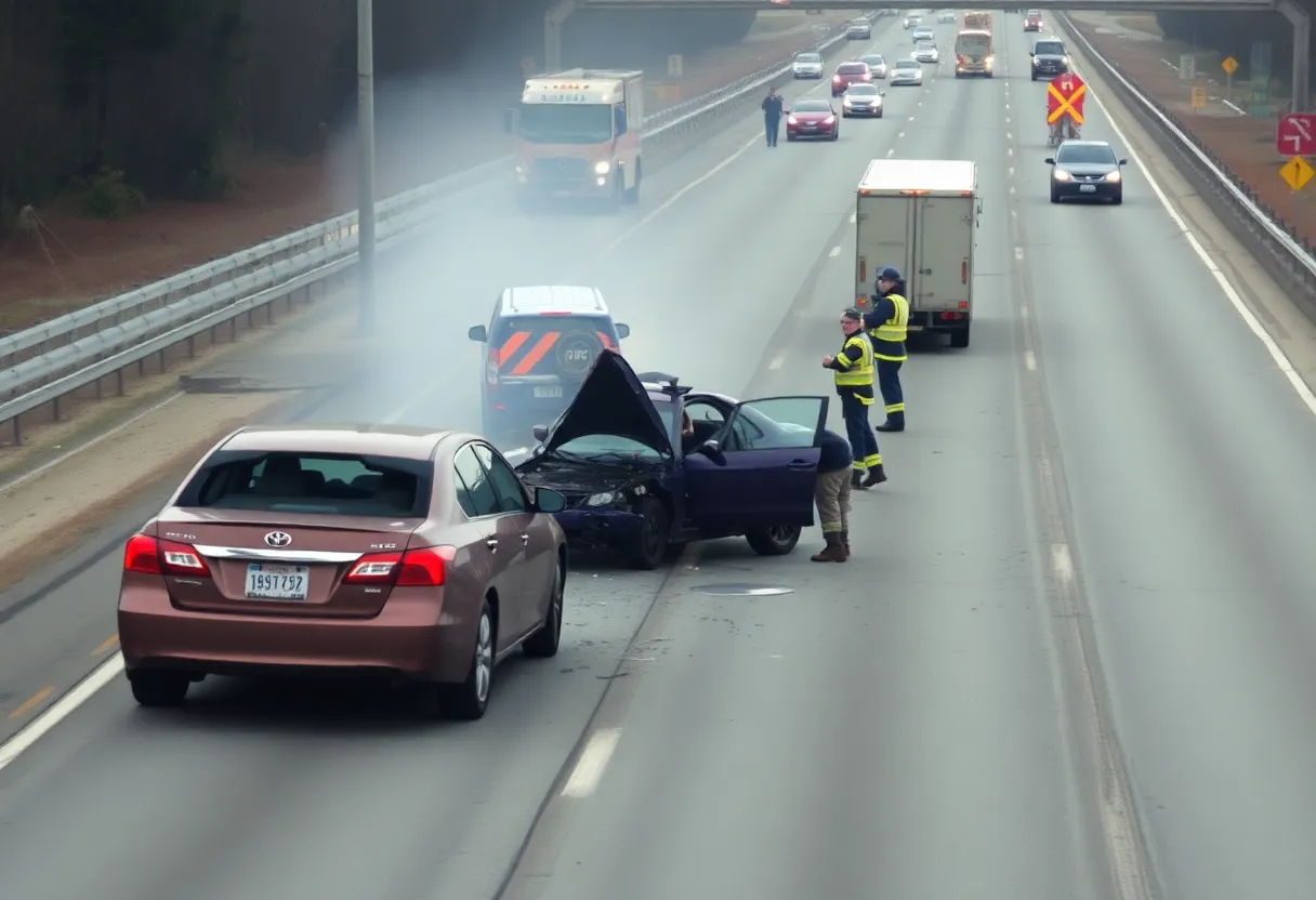 Scene of a car crash on a highway with emergency services present