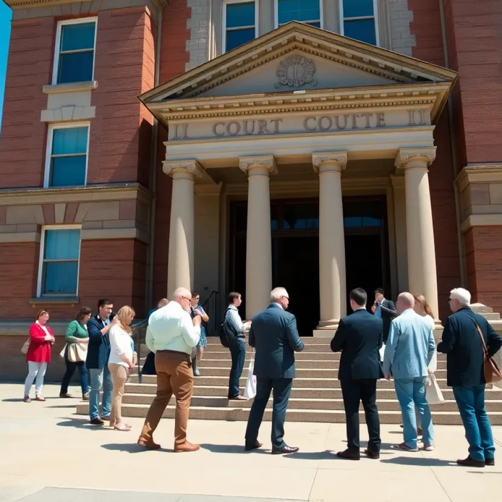 People engaging in discussions about upcoming foreclosure sales at the Knoxville courthouse.