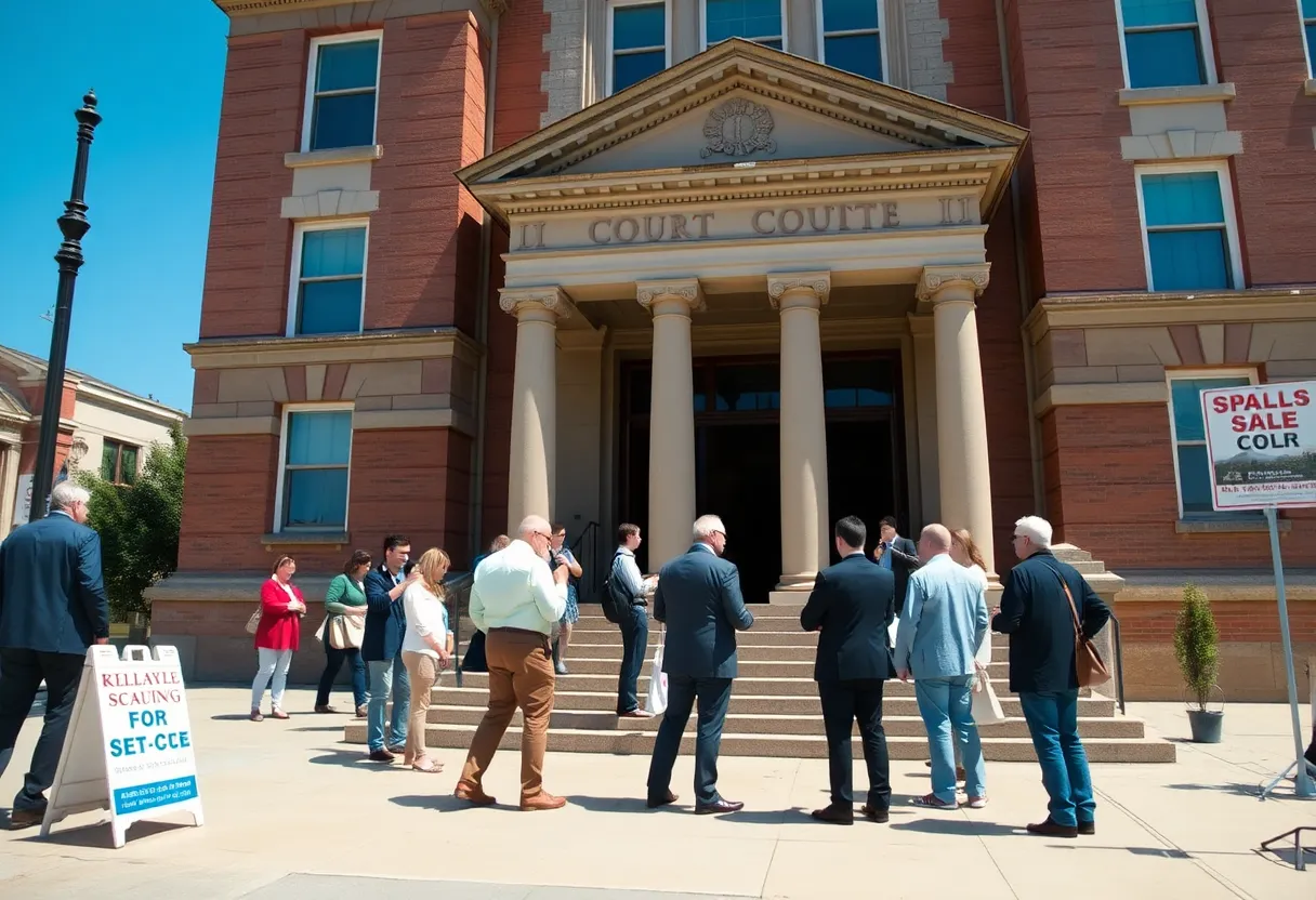 People engaging in discussions about upcoming foreclosure sales at the Knoxville courthouse.