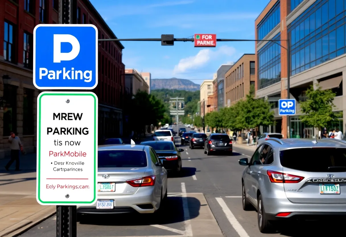 Downtown Knoxville featuring new ParkMobile parking signs
