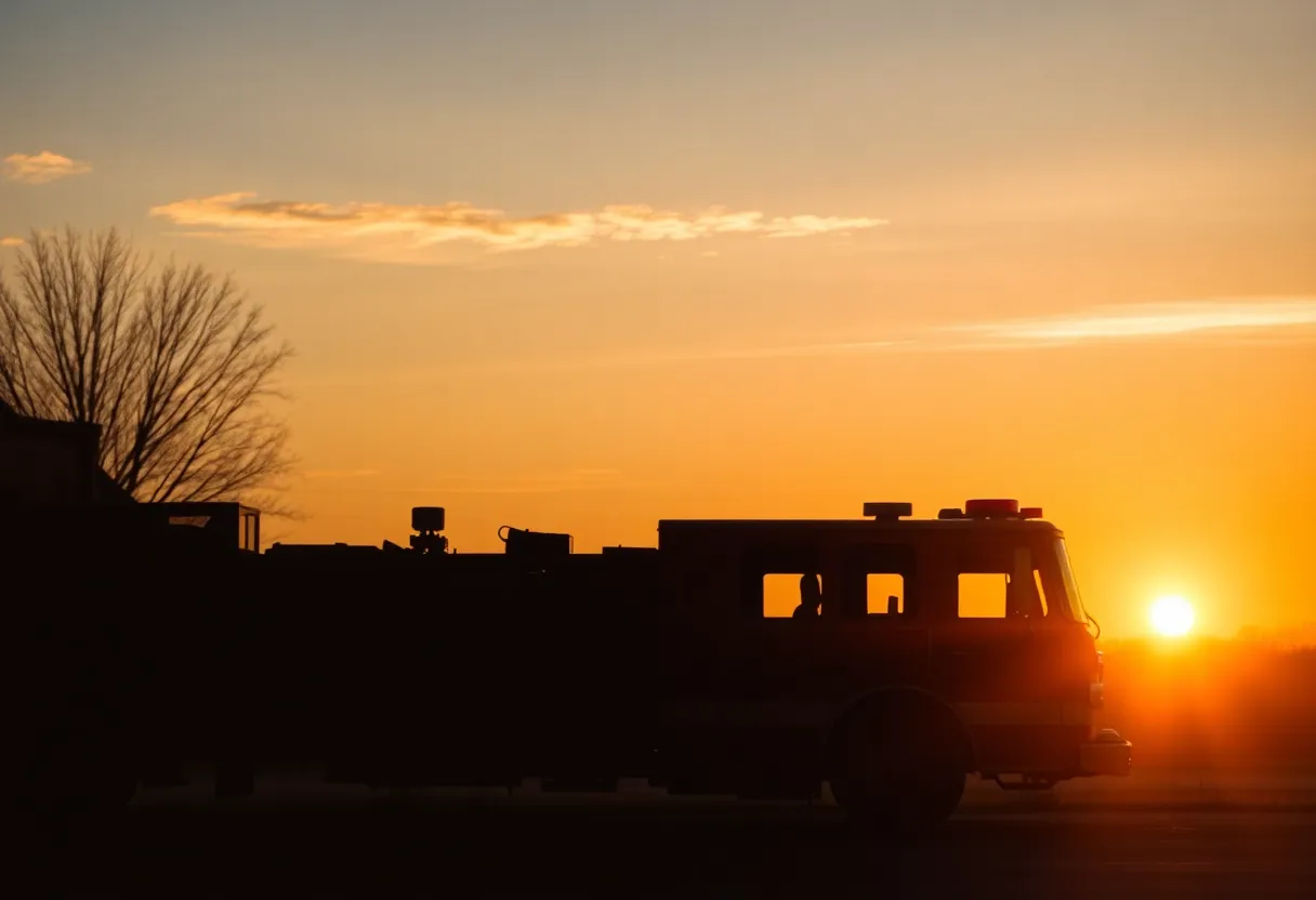 A silhouette of a fire truck against a sunset, representing the mourning for a firefighter.