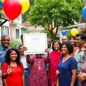 Residents celebrating in a neighborhood event honoring Good Neighbor of the Year.