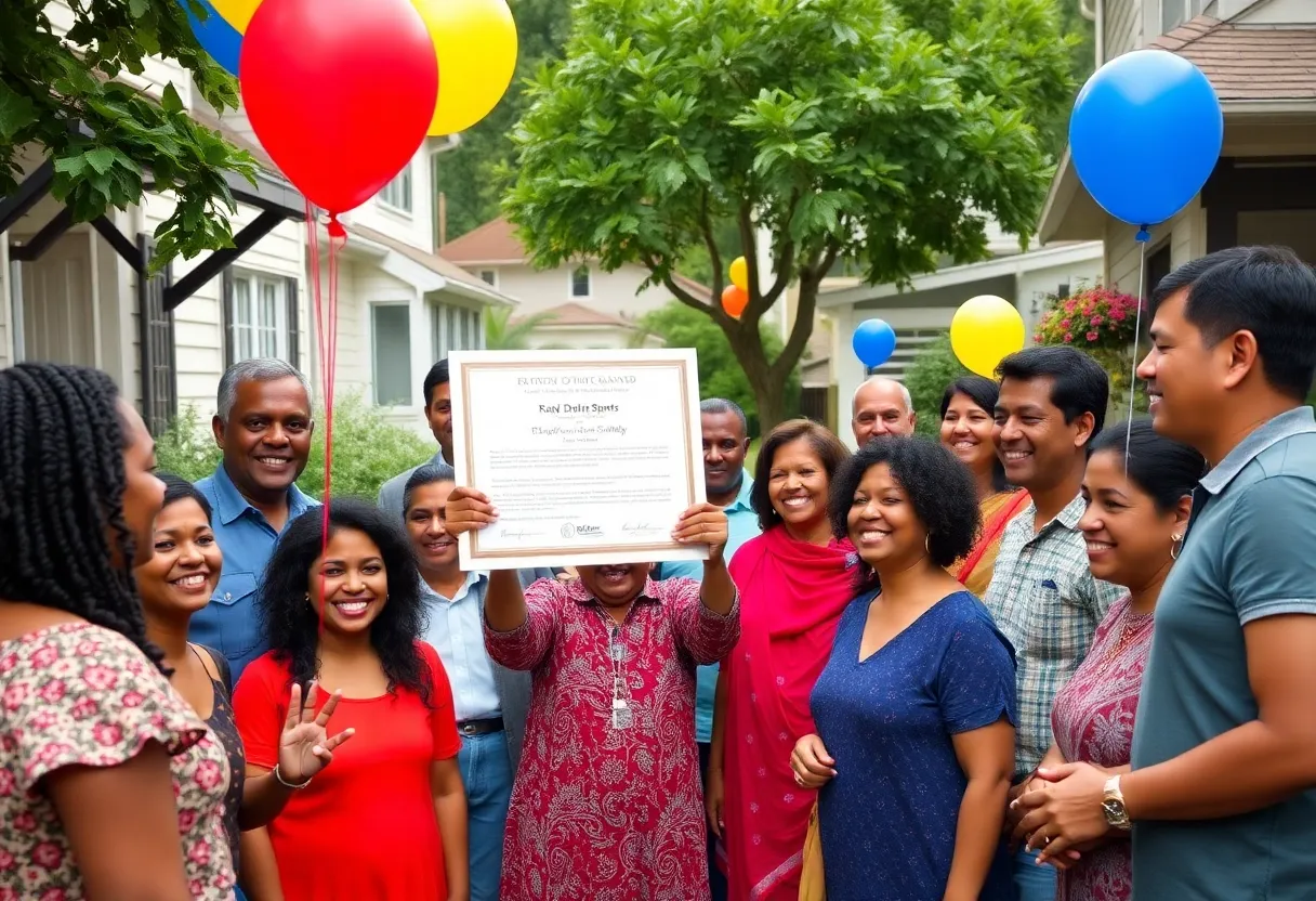 Residents celebrating in a neighborhood event honoring Good Neighbor of the Year.