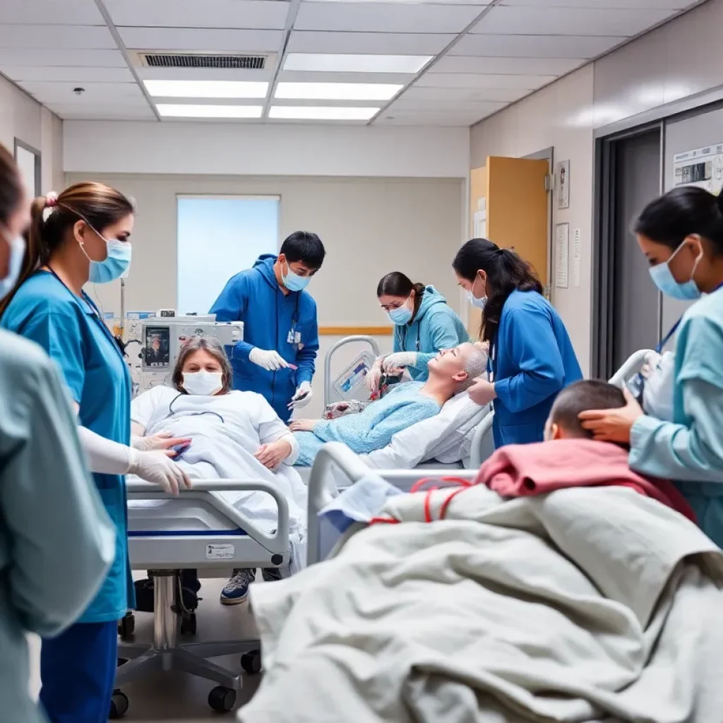 Nurses working in a busy emergency department during winter, treating respiratory illness patients.
