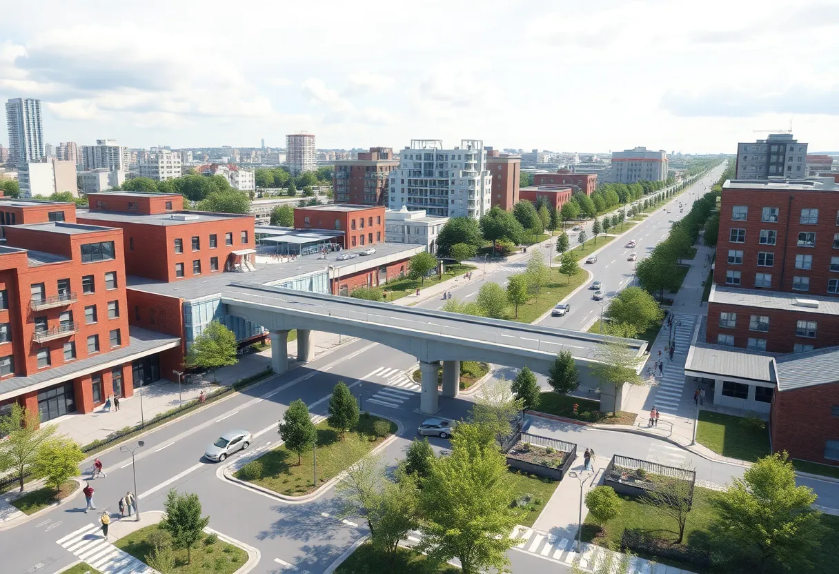 Illustration of Knoxville's infrastructure improvements including a bridge and housing projects