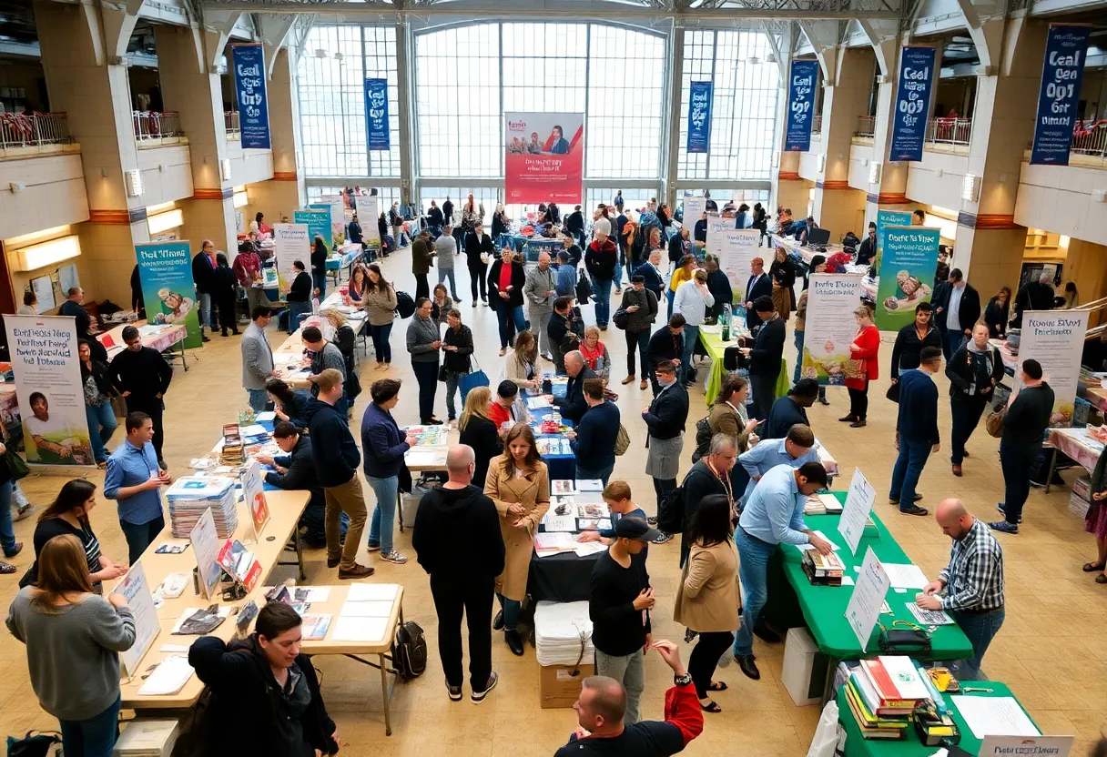 A community job fair in Knoxville with various employers and job seekers.