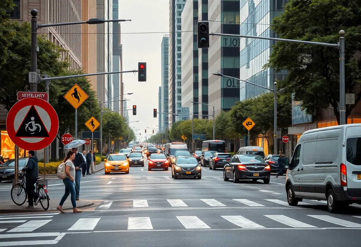 Busy intersection in Knoxville with pedestrian safety signs