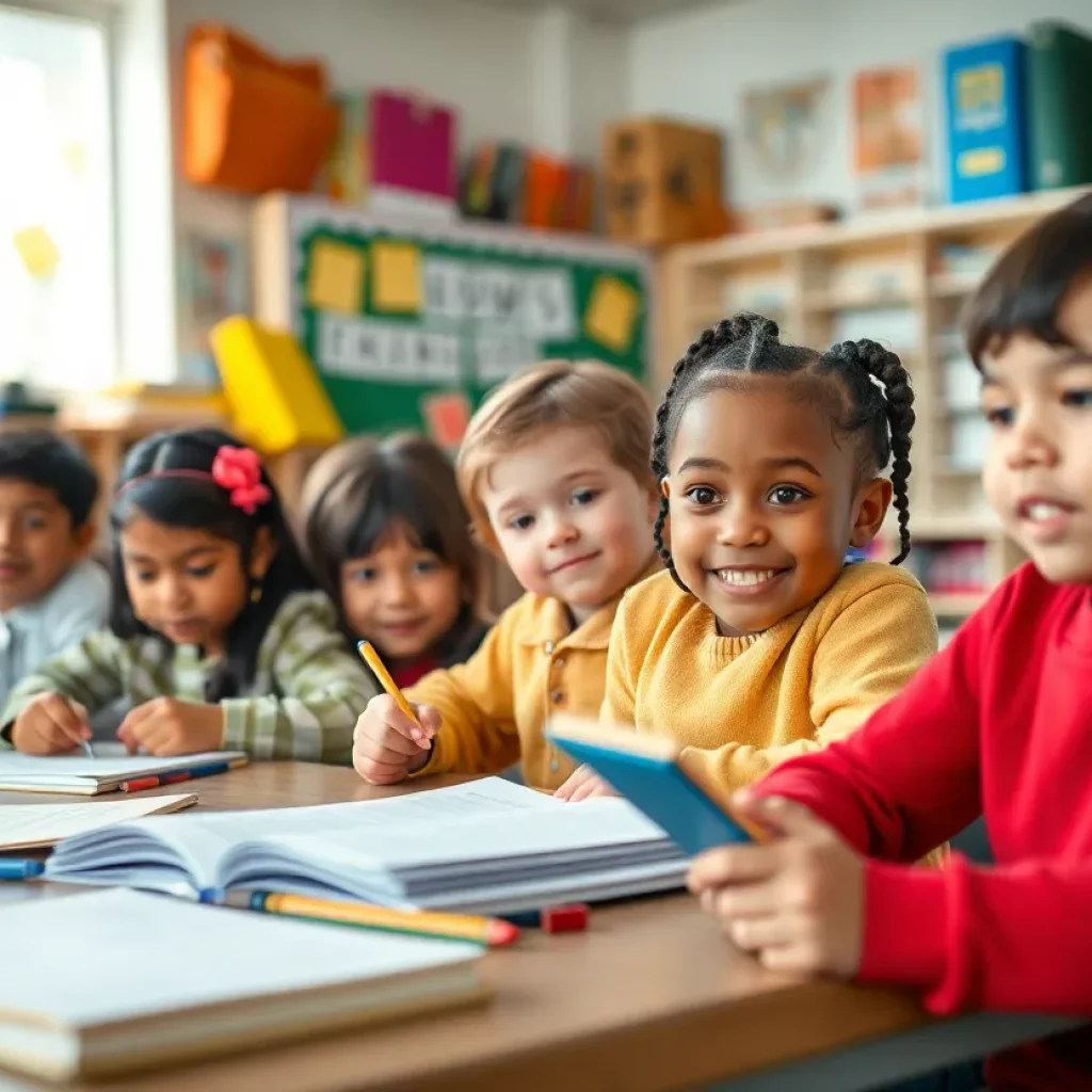 Children in a classroom engaged in learning activities.