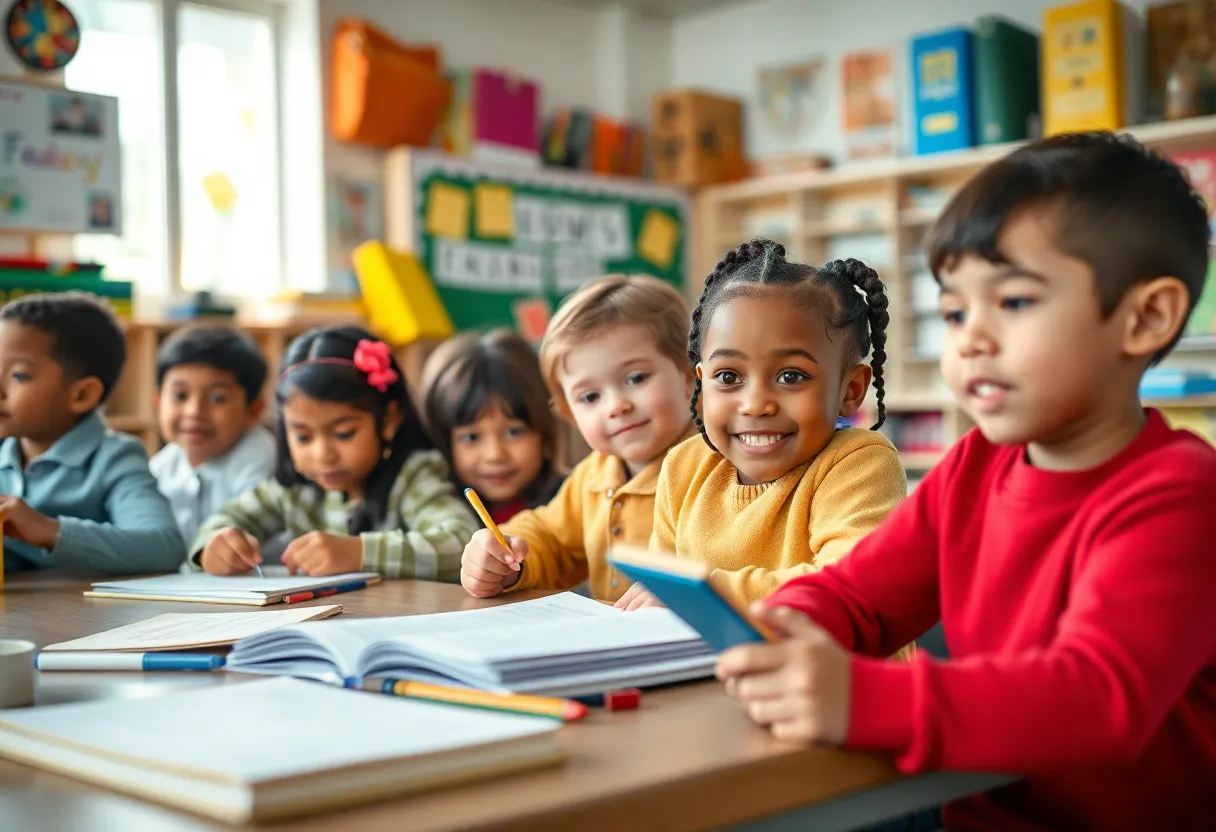 Children in a classroom engaged in learning activities.