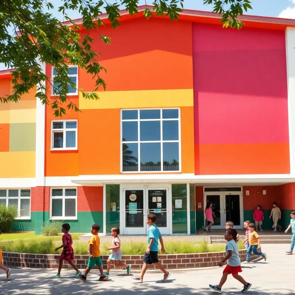 Children playing in front of a new school building in Knoxville.