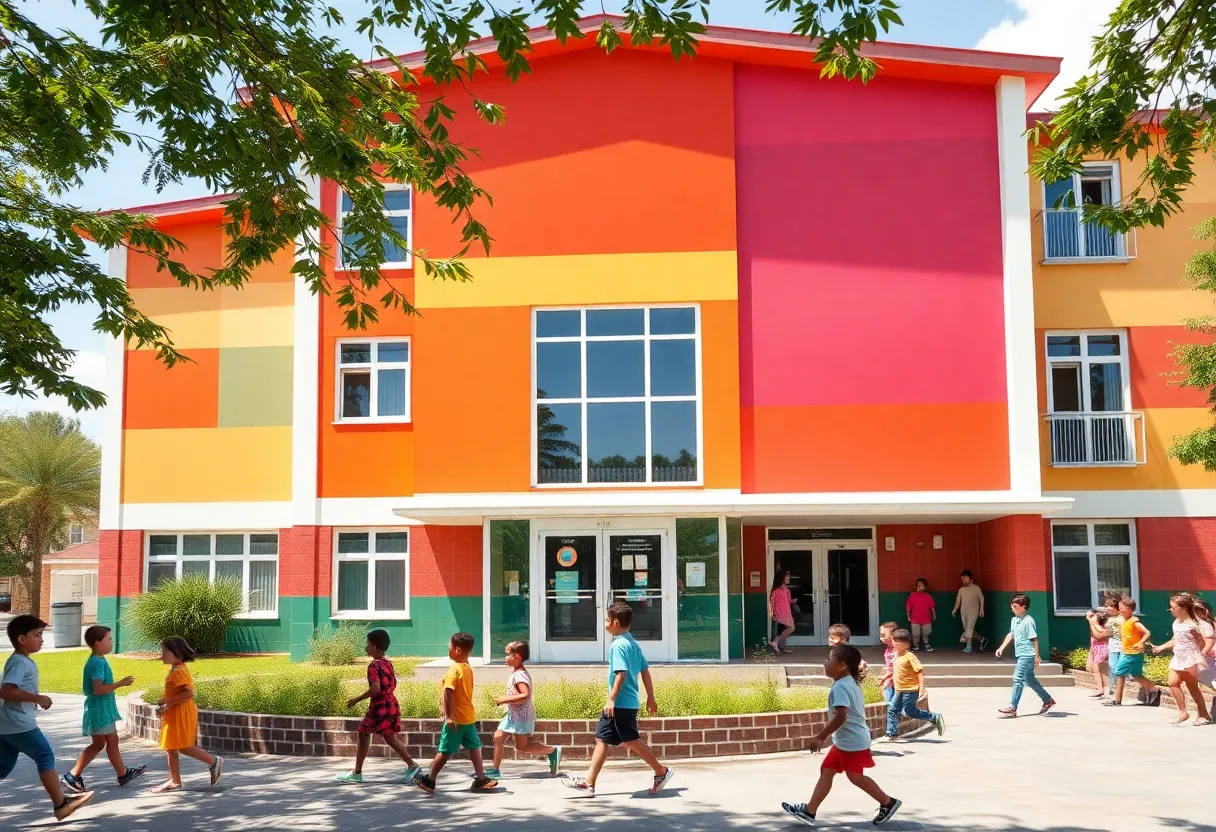 Children playing in front of a new school building in Knoxville.