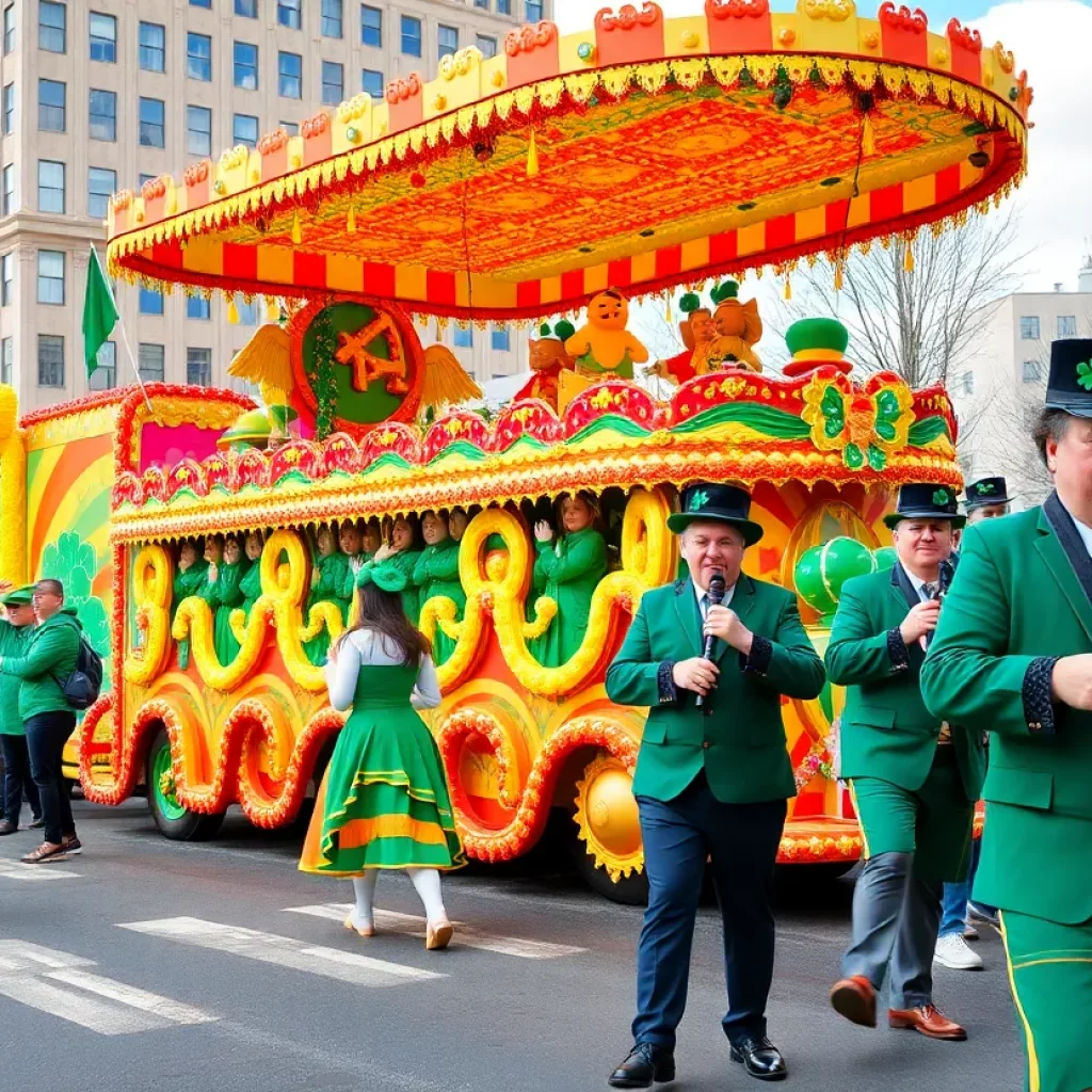 A colorful scene from the Knoxville St. Patrick's Day Parade showcasing vibrant floats and festive attendees.