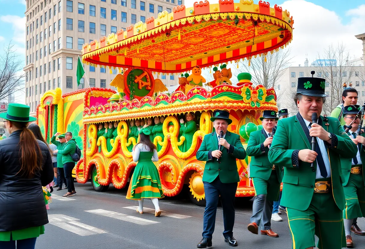 A colorful scene from the Knoxville St. Patrick's Day Parade showcasing vibrant floats and festive attendees.