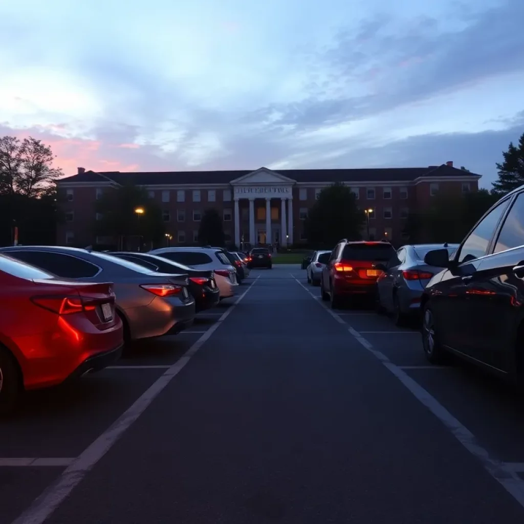 Parking lot at University of Tennessee with damaged cars