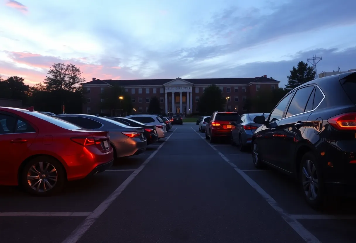 Parking lot at University of Tennessee with damaged cars