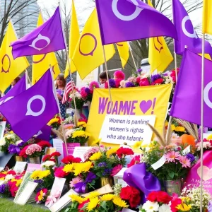 Memorial for Women's Suffrage in Knoxville adorned with flags