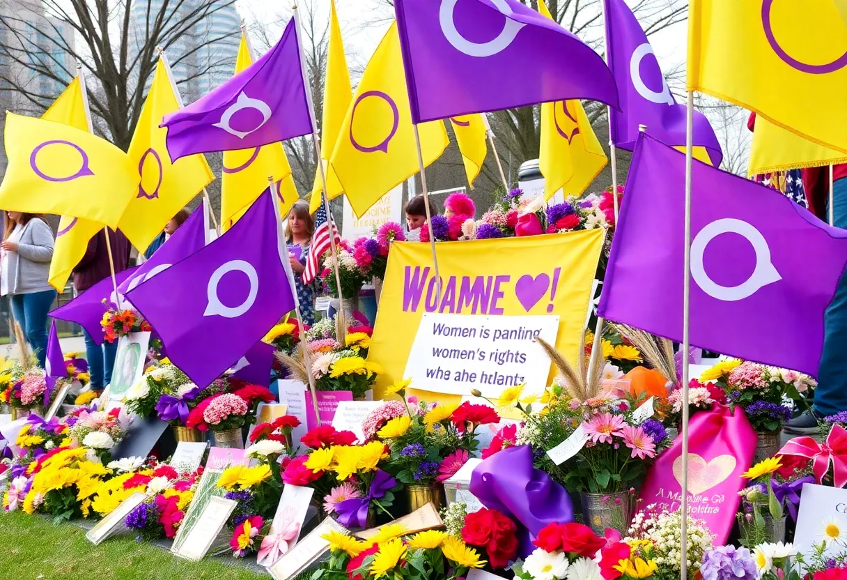 Memorial for Women's Suffrage in Knoxville adorned with flags