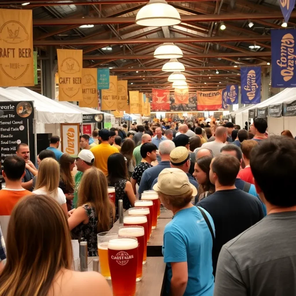 A lively scene from a craft beer festival in Knoxville with various beer options and happy attendees.
