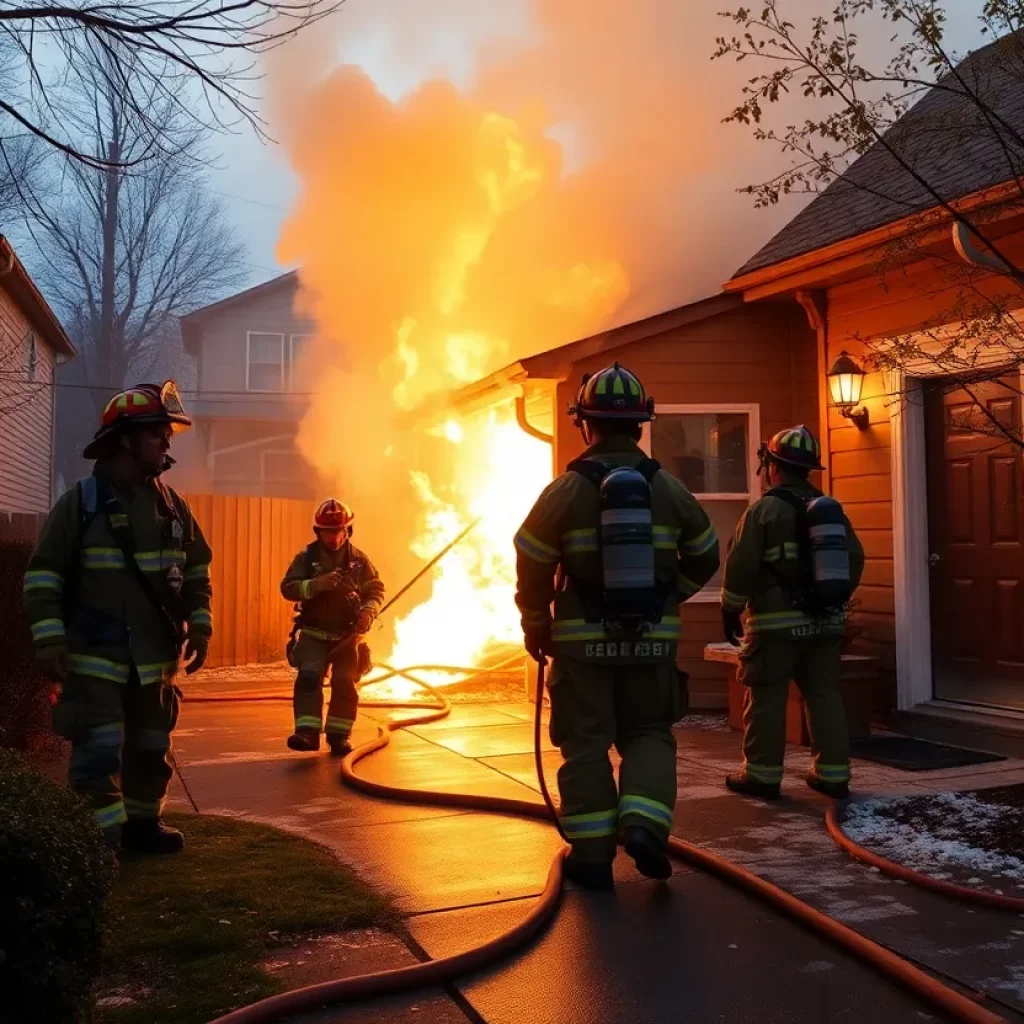 Firefighters combating a kitchen fire in a residential area