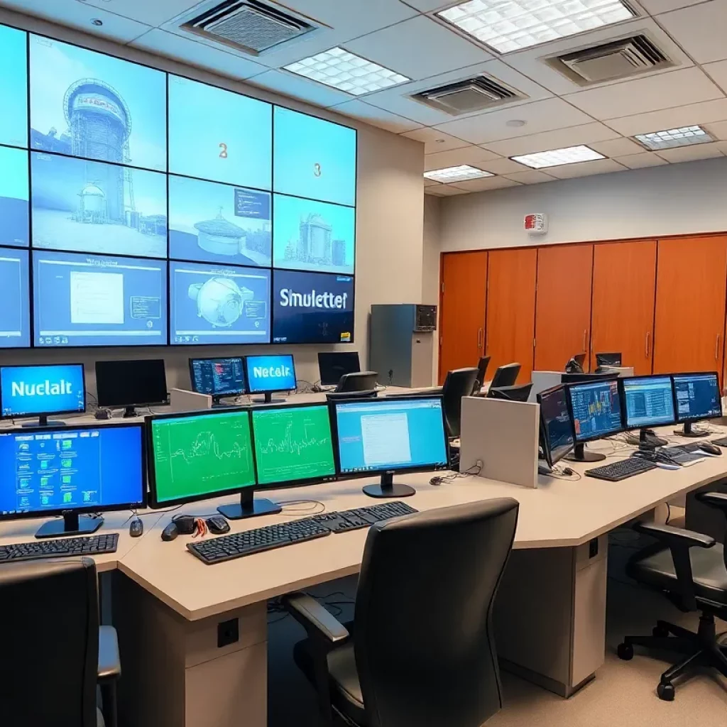 Interior of Knoxville's nuclear training simulator lab with advanced workstations.