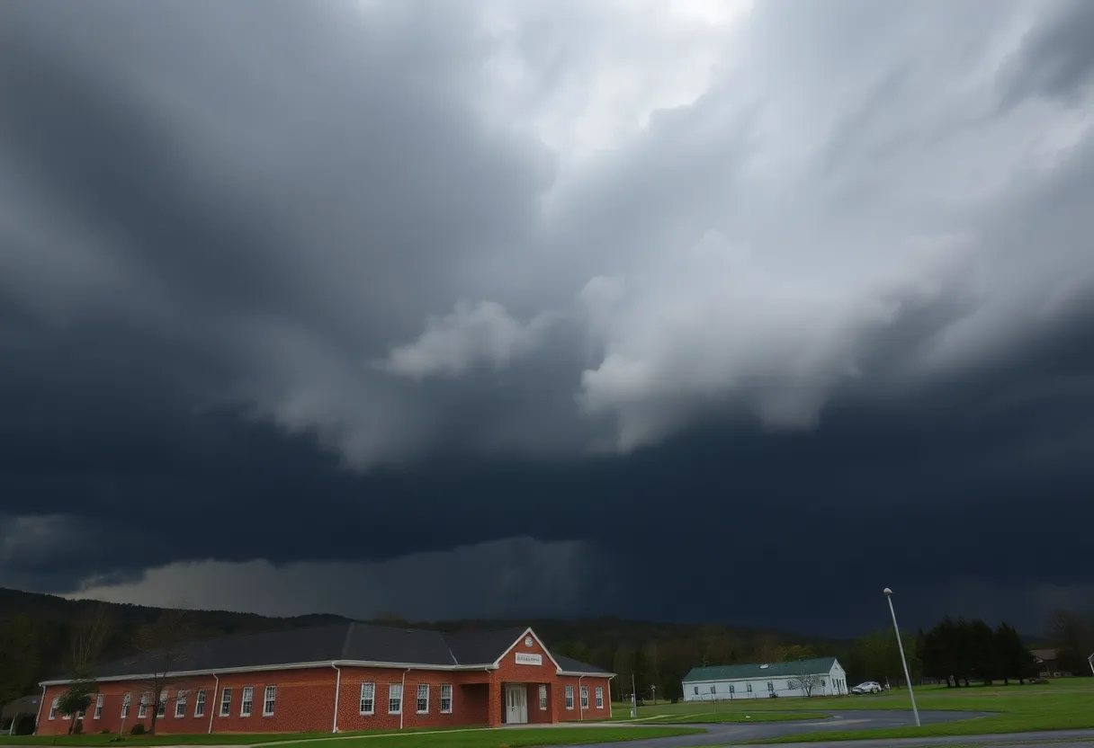 Dark storm clouds over East Tennessee school