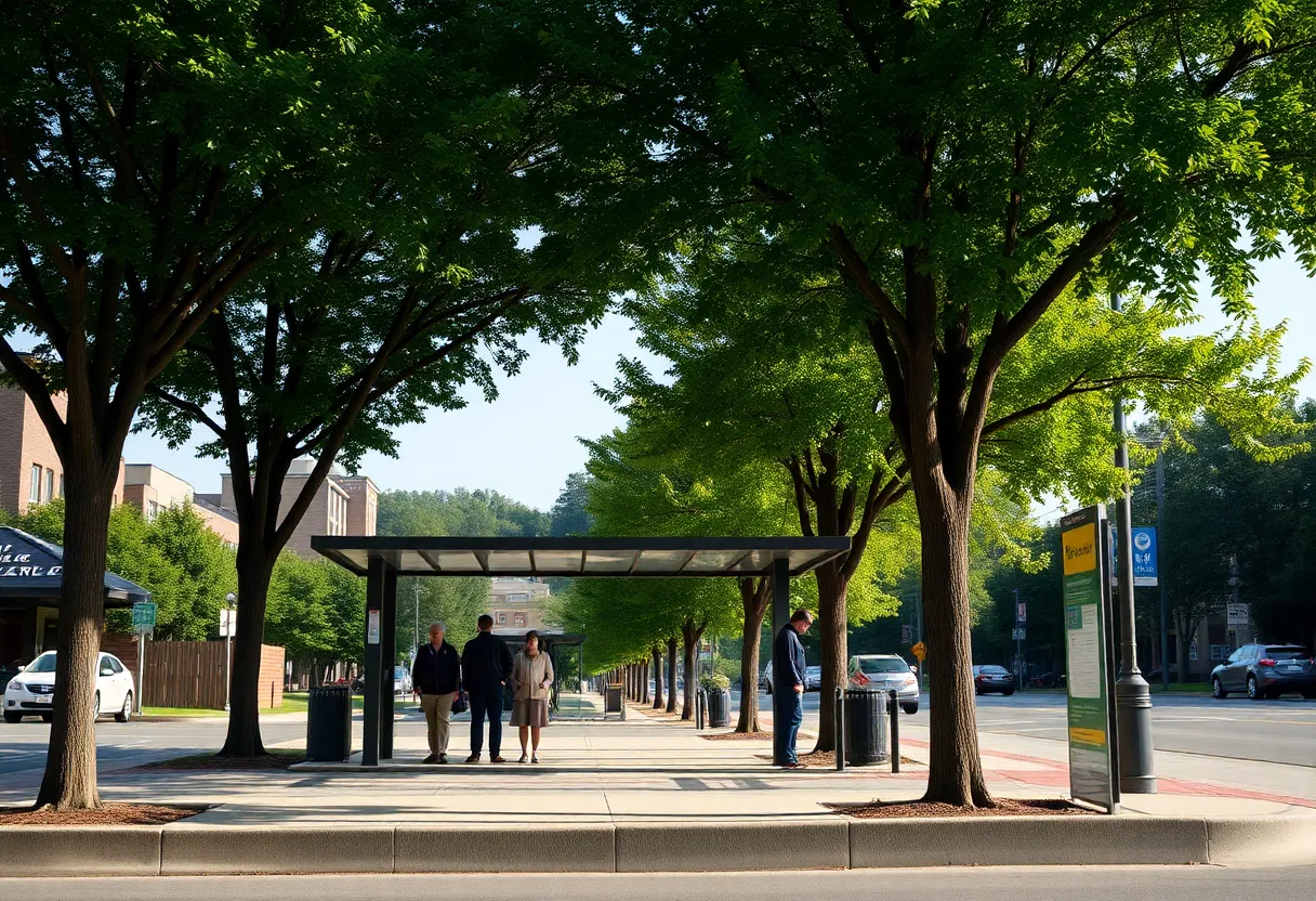 Bus stop in Knoxville with trees providing shade
