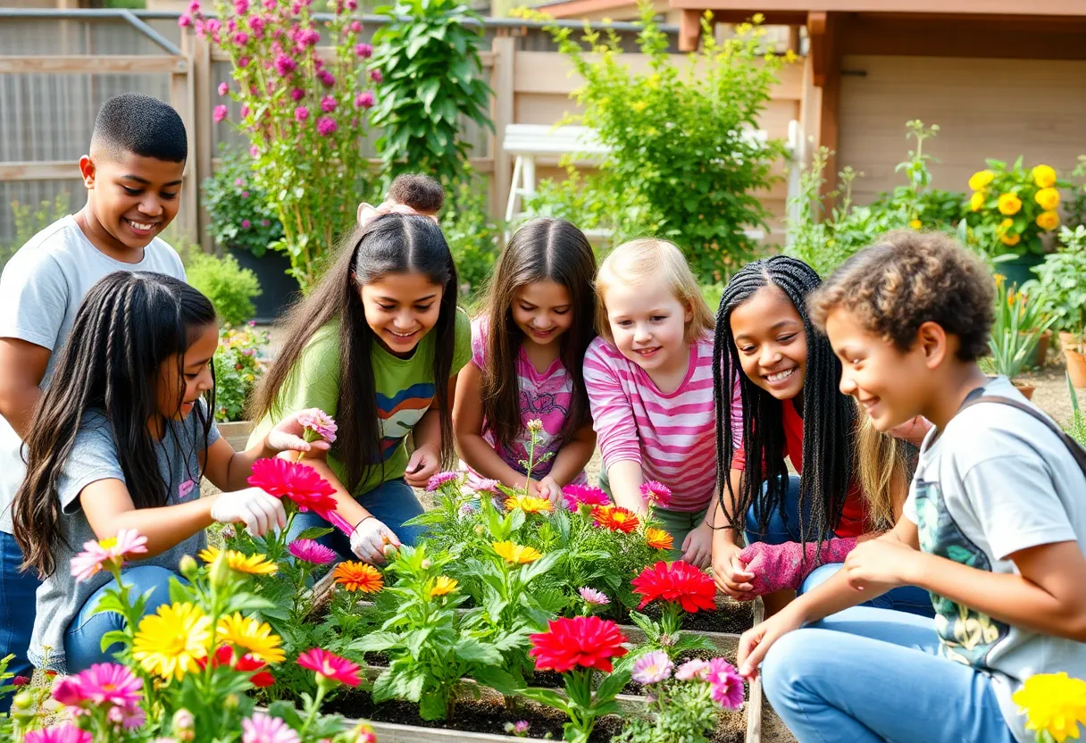 Youth with disabilities enjoying gardening in a community program.