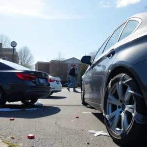 Damaged vehicles with slashed tires on a university campus