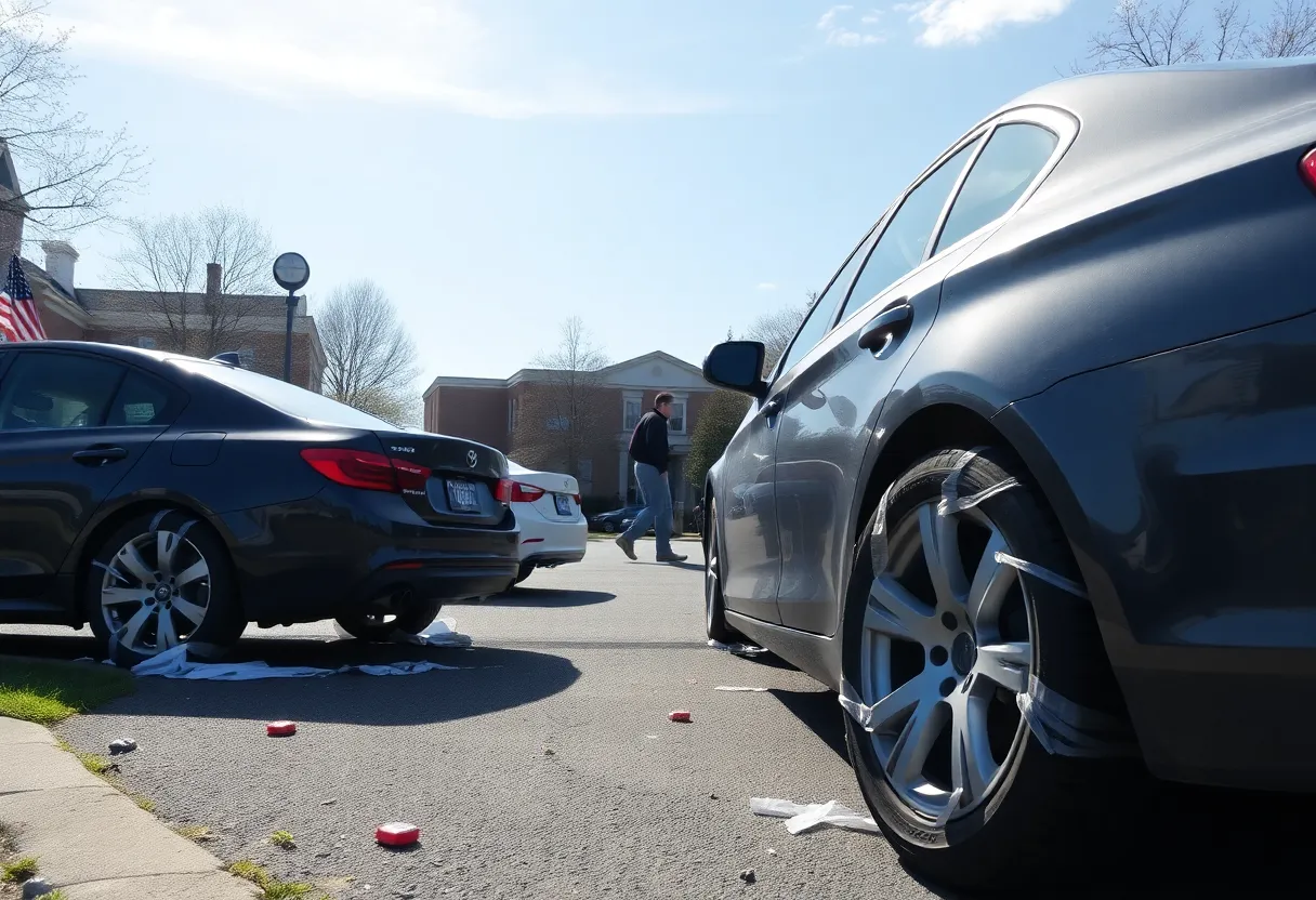 Damaged vehicles with slashed tires on a university campus