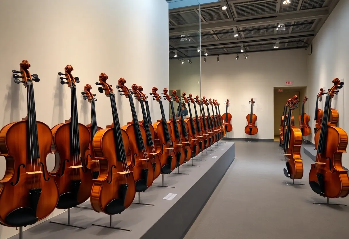 Display of violins at the Violins of Hope exhibition in Knoxville.