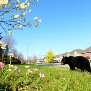 A black bear roaming in a Knoxville neighborhood during spring.