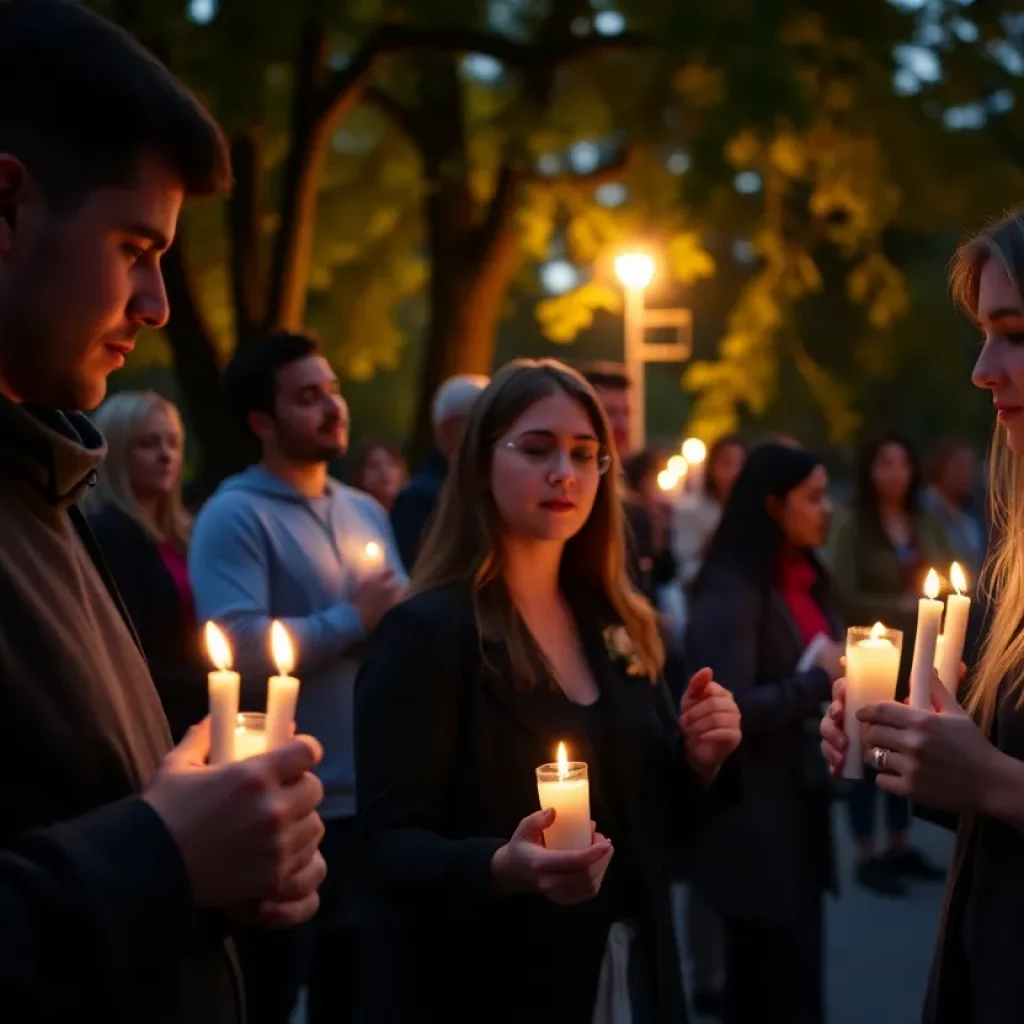 Community members holding candles in a vigil for a young woman.