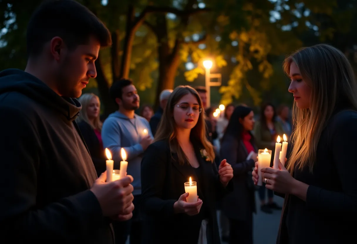 Community members holding candles in a vigil for a young woman.