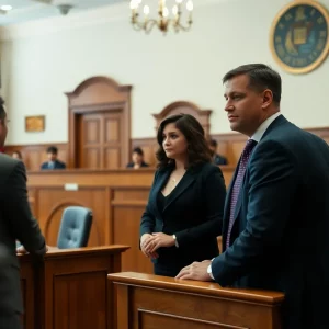 Courtroom scene emphasizing justice and victim support
