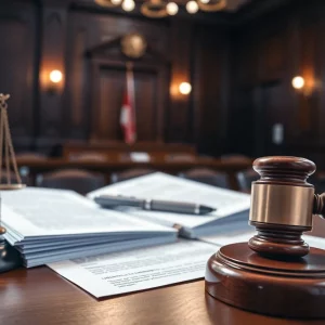 A courtroom with a gavel and legal documents symbolizing a manslaughter case.