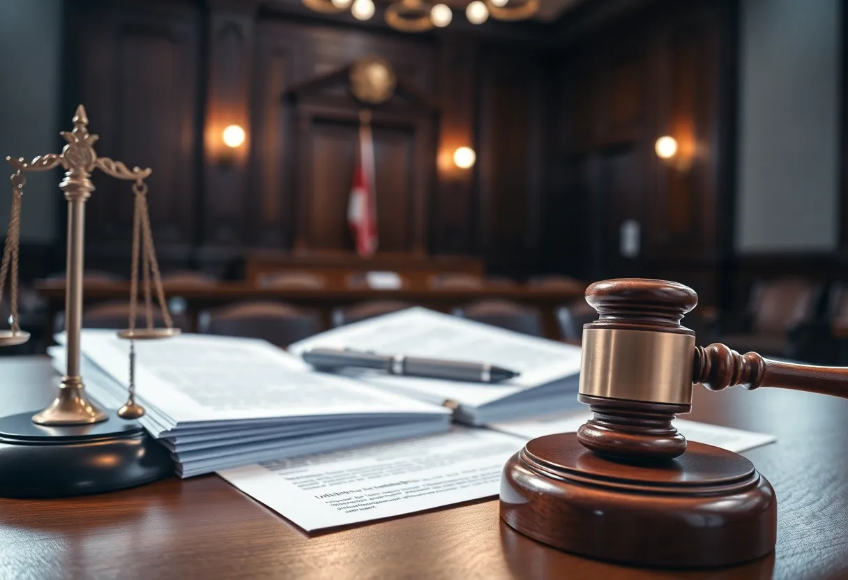 A courtroom with a gavel and legal documents symbolizing a manslaughter case.