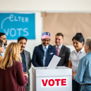 Citizens discussing democracy and voting around a ballot box