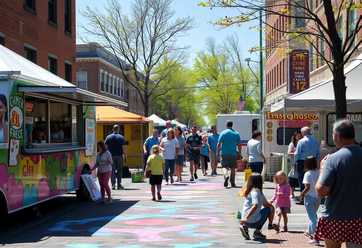 Artists creating vibrant chalk art in Knoxville during the Dogwood Arts Chalk Walk.
