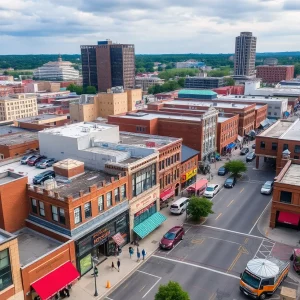 A panoramic view of downtown Knoxville with various businesses, some closed and some open.