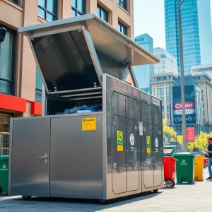 A sleek trash compactor placed in Downtown Knoxville