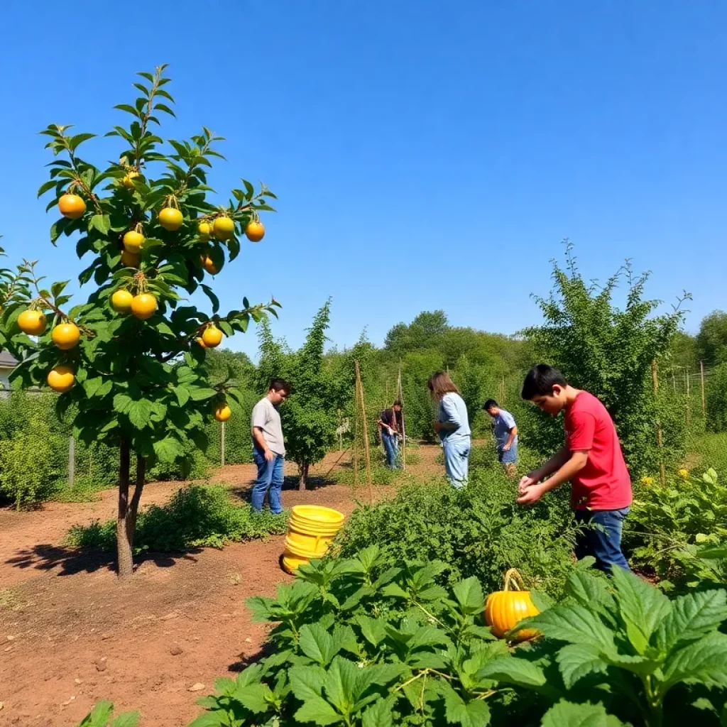 Young volunteers working in an edible forest