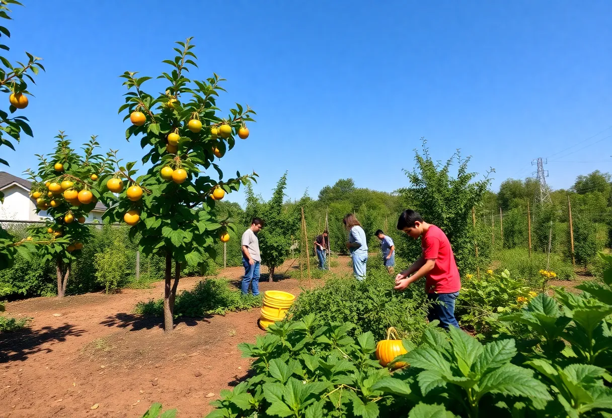 Young volunteers working in an edible forest