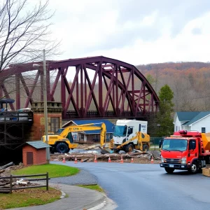 Construction on the Elizabethton bridge after delay from hurricane damage.