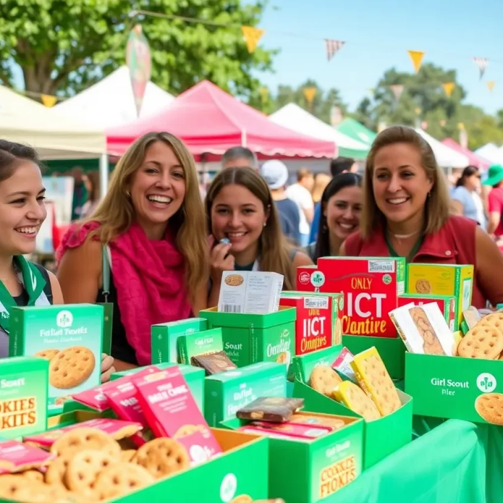 Girl Scout cookies display at a pop-up shop with people enjoying the festival atmosphere.