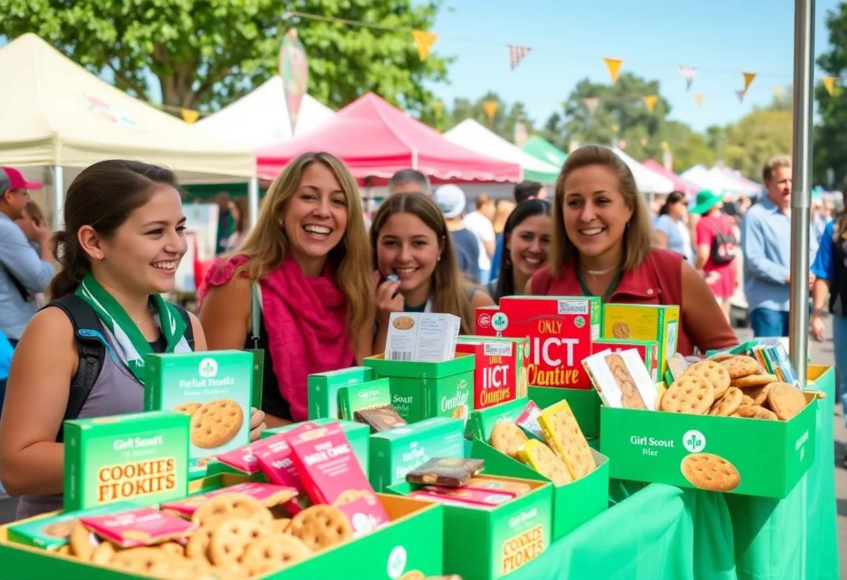 Girl Scout cookies display at a pop-up shop with people enjoying the festival atmosphere.