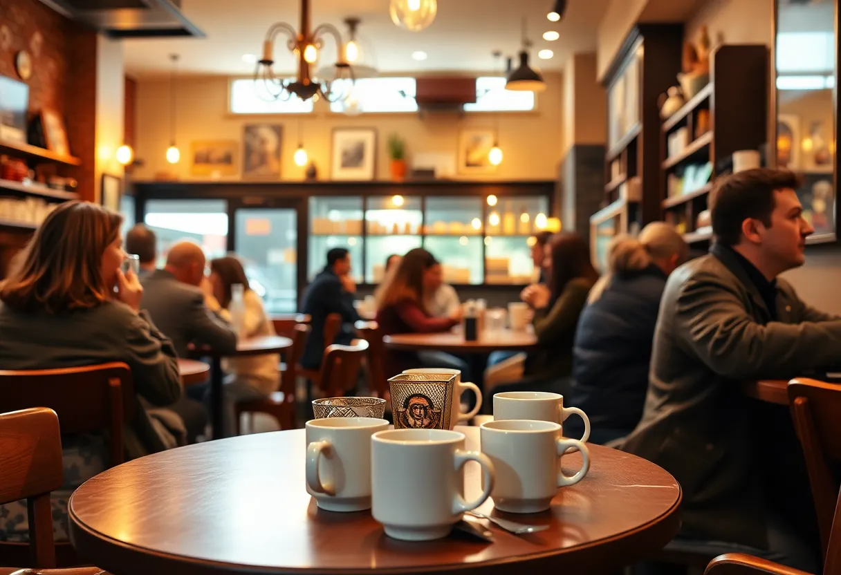 Interior of Golden Roast Coffee Shop with customers enjoying coffee